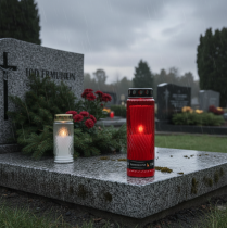 Artikel Grabkerze mit Deckel und Blütenmotiv in Rot, Kunststoff, 10 Tage Brenndauer, Höhe 27 cm