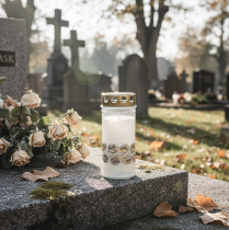 Artikel Grabkerzen Weiß Rosen Trauerlicht Gedenklicht Ø7cm H18cm 90h 2St