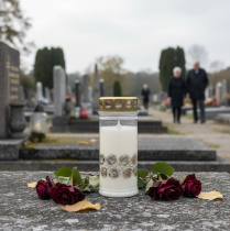 Artikel Grabkerze Weiß Rosen Gold Trauerlicht Ø7cm H18cm 77h