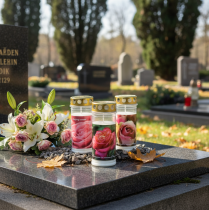 Artikel Grabkerzen mit Rosenmotiv und transparentem Wachs für stilvollen Grabschmuck