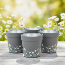 Artikel Blumentopf aus Metall mit Blumenmuster 13 cm Grau, 4er-Set, für Innen- und Außenbereich