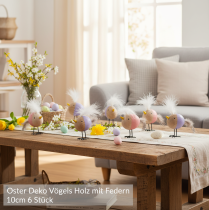 Artikel Deko-Vogel aus Holz mit Federn 10cm, Rosa und Lila, Set für Tischdekoration