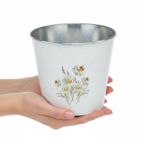 Artikel Übertopf Metall Weiß Ø16cm H14,5cm mit Blumen-Motiv