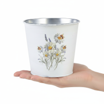 Artikel Blumentopf Metall Übertopf Weiß Ø12,5cm H11,5cm Margeriten-Motiv