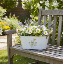 Artikel Deko Schale Oval Metall Weiß Natur Blumen Dekor L26cm