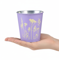 Artikel Blumentopf Metall Übertopf Lila mit Blumenmotiv Ø10cm H10,5cm
