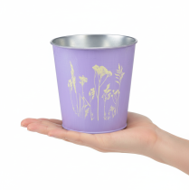 Artikel Blumentopf Metall Übertopf Ø11,5cm H11,5cm Lila mit Blumenmotiv für Innen
