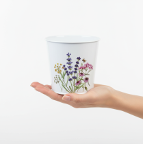 Artikel Pflanztopf Metall Weiß Ø15cm H14cm mit Blumenmotiv