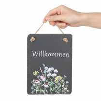 Artikel Willkommensschild Schiefer 20x15 cm mit Blumenmotiv 2er Set