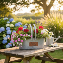 Artikel Pflanzkorb “Grünes Glück”, Metalldeko zum Bepflanzen, Gartendeko Silbern, Edelrost L40cm H15cm