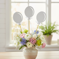 Artikel Blumenstecker Luftballons Weiß, 28 cm, 8 Stück, Holz und Textilband