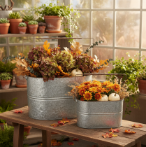 Artikel Pflanzschale mit Henkel aus Metall, 2er-Set, silber und braun, H22/20cm L42/40cm