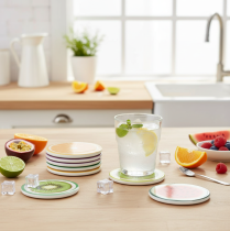 Artikel Obst-Untersetzer-Set aus Keramik mit Korkboden, 10 cm, 6er-Set, Fruchtdesign