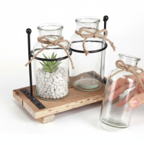 Artikel Flaschenvasen Glas mit Holzsockel und Metallhalter, 23x12x19,5cm, 2 Stück