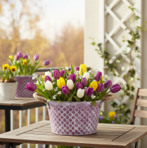 Artikel Zinkschale mit Rautenmuster und Flachsgriffen, Ø 24,5 cm, Violett-Weiß gewaschen