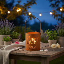 Artikel Metall Laterne Windlicht Edelrost Ø10,5cm H11cm mit Schriftzug 2 Stück