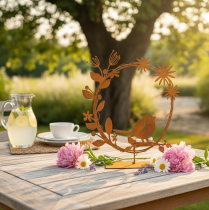 Artikel Teelichthalter aus Metall mit Vogel und Blumenmotiv in Rostoptik 24×27×6cm