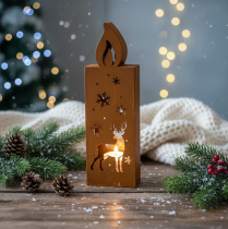 Artikel Teelichthalter Kerzenform Metall Edelrost 45x14x7cm Weihnachtsmotiv Hirsch