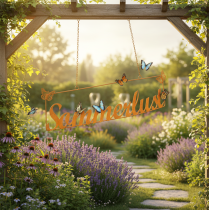 Artikel Gartendekoration aus Metall, Hänger mit Schmetterlingen und Schriftzug „Sommerlust“, Edelrost, Länge 54,5 cm, Höhe 14 cm