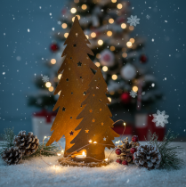Artikel Windlicht aus Metall mit Tannenbaum-Motiv, Edelrost, H46cm B25,5cm, für Weihnachten