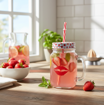 Artikel Trinkglas aus Glas mit Henkel, Deckel und Strohhalm, 7x13,5 cm, rot-weiß gepunktet