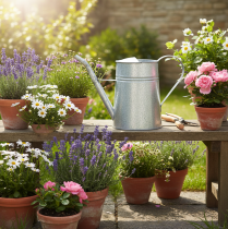 Artikel Verzinkte Gießkanne aus Metall 1,7L Grau H23cm für Blumendekoration und Pflanzgefäße