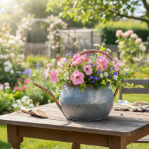 Artikel Metall Gießkanne 41cm Silber Kupfer, Pflanzgefäß, Gartendekoration