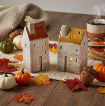 Artikel Teelichthäuser aus Keramik mit Schornstein, 13 cm, 2er-Set, Herbstfarben