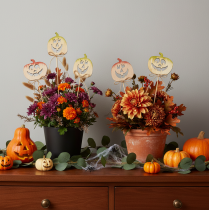 Artikel Dekostecker Holz Kürbis 12er-Set 31cm bemalt für Halloween und Herbst