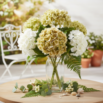 Artikel Künstliche Hortensie aus Seidenstoff mit langem Stiel in Creme-Grün, 60 cm