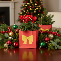 Artikel Geschenktüte aus Papier, 12 cm, Rot mit goldenem Schleifen-Motiv, 8 Stück