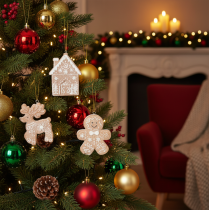 Artikel Weihnachtsanhänger aus Kunststoff in Honigkuchen-Optik, 4-teilig, 7 cm, Rentier, Lebkuchenmann, Schneeflocke, Häuschen