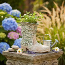 Artikel Blumentopf Cowboystiefel aus Polyresin mit Blumenmuster 24 cm Braun-Grün