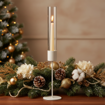 Artikel Kerzenhalter 50 cm mit Glaszylinder und Metallfuß taupe