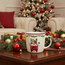 Artikel Keramikbecher 9 cm Weiß Weihnachtsmotiv Auto mit Geschenken