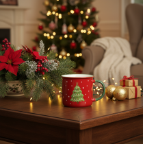 Artikel Keramiktasse 9 cm Rot mit Tannenbaum-Motiv