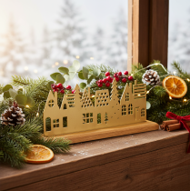 Artikel Häuser-Silhouette Adventsdekoration aus Metall in Mattgold auf Holzsockel 29 cm