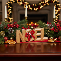 Artikel Schriftzug Noel Holzdeko 18cm mit roter Schleife