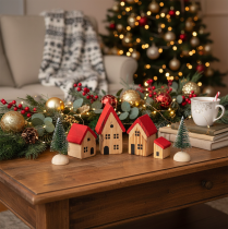 Artikel Holz-Dekohaus-Set mit roten Dächern und Tannenbäumen, 12 cm, 6-teilig