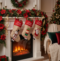 Artikel Weihnachtsstrümpfe 50 cm Stoff Rot-Beige mit Weihnachtsmann, Schneemann und Wichtel