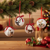 Artikel Weihnachtskugeln aus Kunststoff mit Hirschmotiv und roten Bändern, 7 cm, Set mit 4 Stück