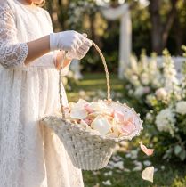Artikel Streukörbchen Hochzeit 24x17cm Weiß Kunststoff mit Rattan