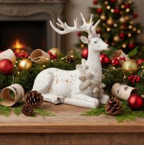 Artikel Dekofigur Hirsch sitzend mit Geweih 30cm Weiß Polyresin