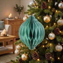 Artikel Weihnachtskugel Papier Türkis Zwiebel-Form Ø15cm H20cm FSC-zertifiziert