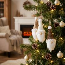 Artikel Dekohänger Weihnachtswichtel Weiß und Braun H11cm 3er-Set aus Kunststoff, Holz und Textil