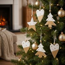 Artikel Weihnachtsschmuck Holz Weiß Gold Stern Baum Herz Anhänger 6er Set 6,5-7cm