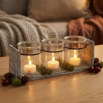 Artikel Glasbehälter-Set mit Holzständer, Glas und Holz, 27,5x9x11 cm, Grau-Weiß