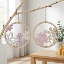 Artikel Dekohänger aus Holz mit Blumenmotiv Ø12cm Natur Weiß Rosa Lila 6 Stück