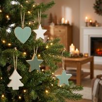 Artikel Weihnachtsbaum Holzanhänger Set, Herz-Baum-Stern, Mint-Grün-Weiß, 4,5 cm, 9 Stück
