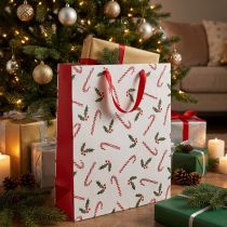 Artikel Papiergeschenktüte mit Zuckerstangen und Mistelmotiv 26×10×32cm, Weiß-Rot, Set 2 Stück